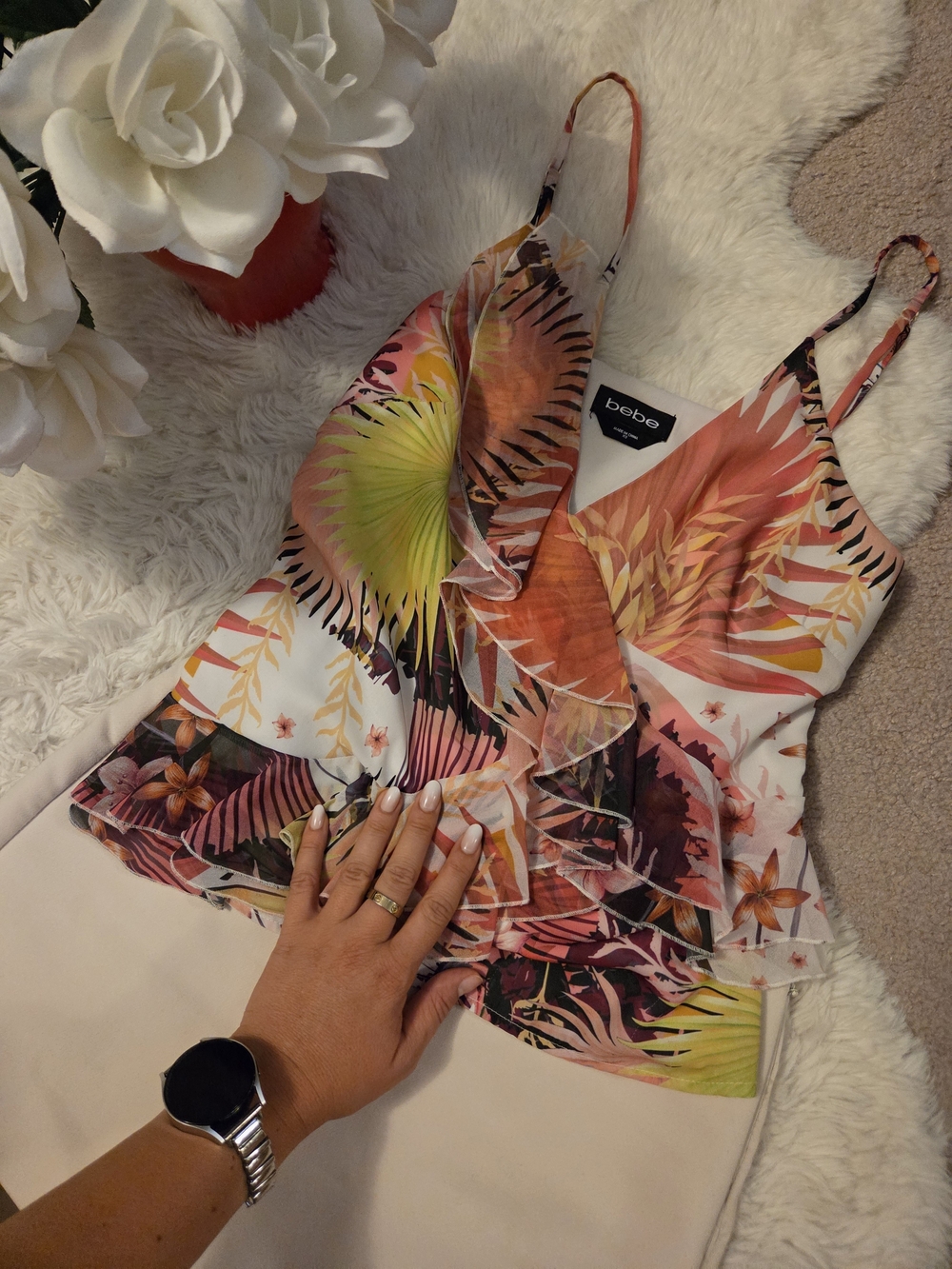 Bebe Pink Tropical Print Ruffle Cami Top
